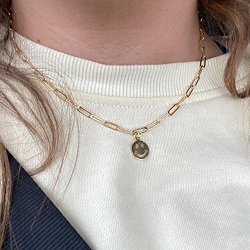 [Australia] - Smiley Face Necklace Cute Round Stainless Steel Smile Face Pendant Gold Smiley Face Necklace For Women Girls Paperclip Chain 