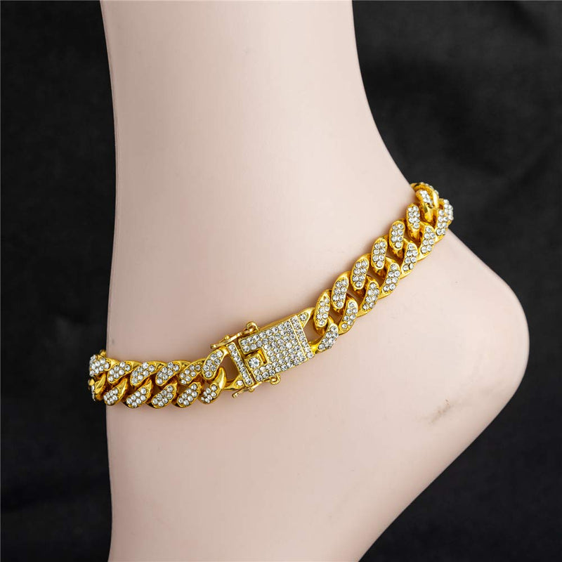 [Australia] - 12mm Wide Cuban Link Iced Out Rhinestone Filled Chain Anklet, 18K Gold / White Gold Plated Punk Hip-hop Ankle Bracelets for Women, Length 10”, Weight 46g 