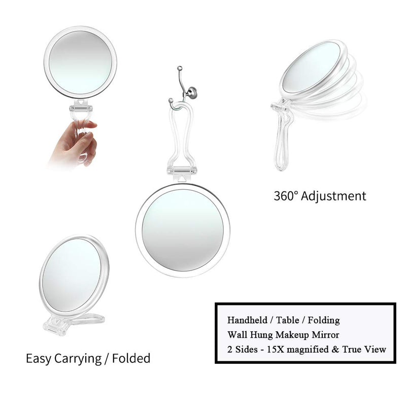 [Australia] - Compact Folding Hand Held Mirror / Tabletop Makeup Mirror with Two Sides of 15X Magnification & True View / 5 Inches Round Travel Mirror 