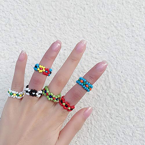 [Australia] - Caiyao 4-6Pcs Handmade Colorful Beaded Flower Stretch Ring Multicolor Seed Daisy Multiple Wildflowers Adjustable Size Elastic Plant Ring for Women Girls Vacation Holiday Tour Jewelry A 6 Pcs 