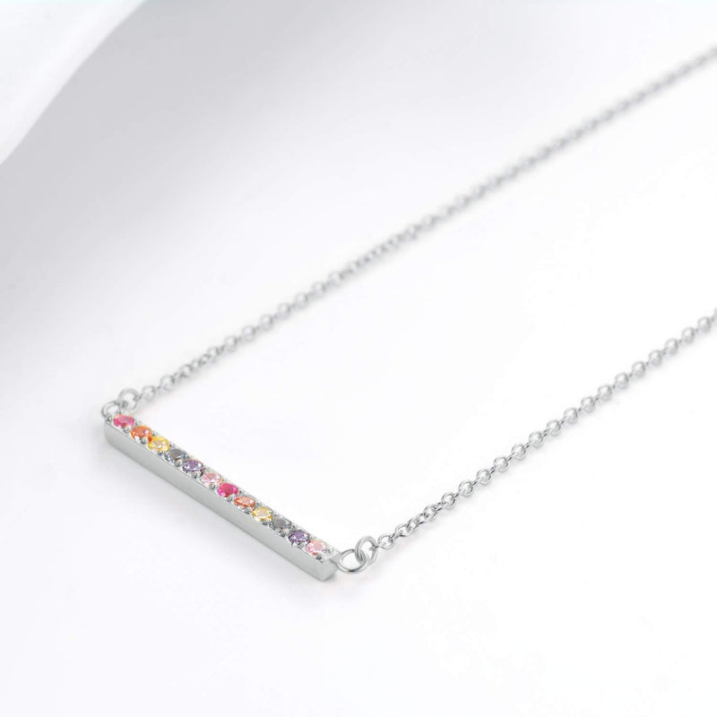 [Australia] - Bar Necklace - 925 Sterling Silver CZ Simulated Diamond Pendant - 18k Gold, Rose Gold or Rhodium Flashed Horizontal Bar - Sterling Silver 