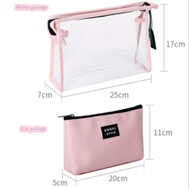 [Australia] - SiyuXinyi Multi-function two-piece waterproof cosmetic bag (mother bag +Exquisite packet) - cosmetic storage bag with zipper closure, water-resistant transparent solid reinforced PVC plastic(Pink) 