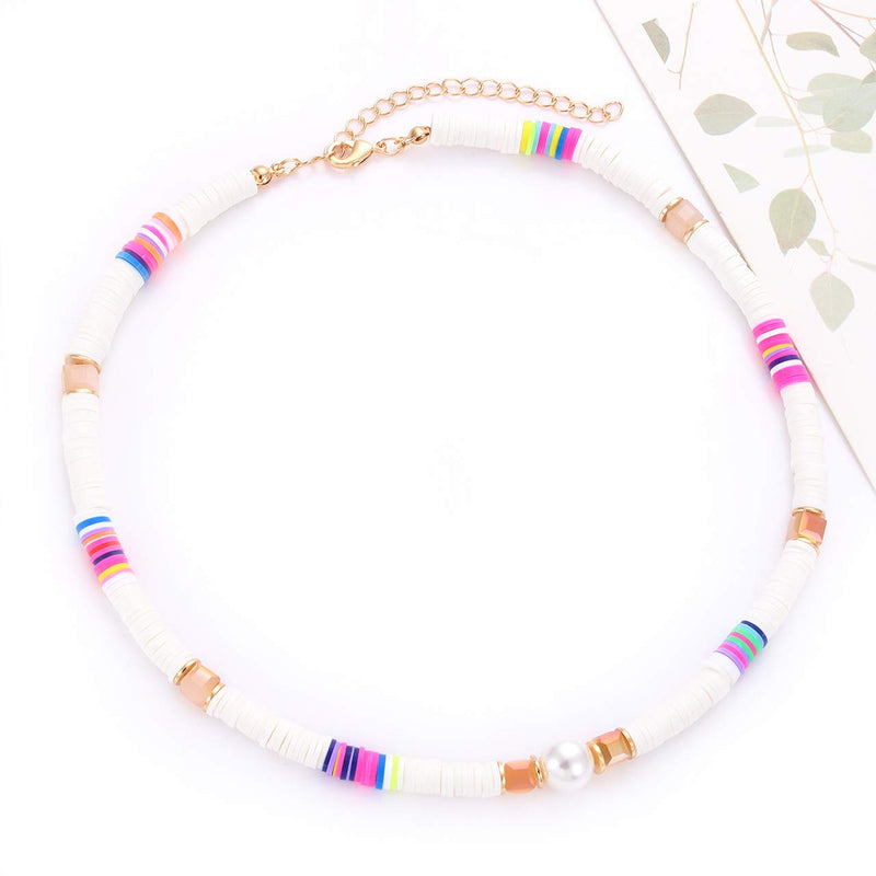 [Australia] - NVENF Heishi Bead Surfer Choker Necklace Layered Paperclip Chain Necklace Set Rainbow Vinyl Disc Bead Necklaces Lock Pendant Necklace for Women Girls Summer Beach Accessory White 