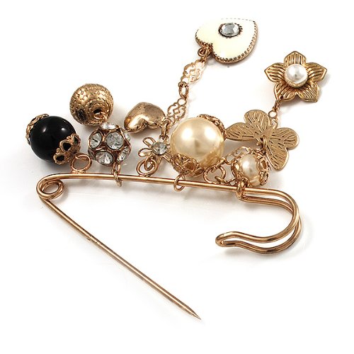 [Australia] - Avalaya 'Heart, Butterfly, Flower & Bead' Charm Safety Pin (Gold Tone) 