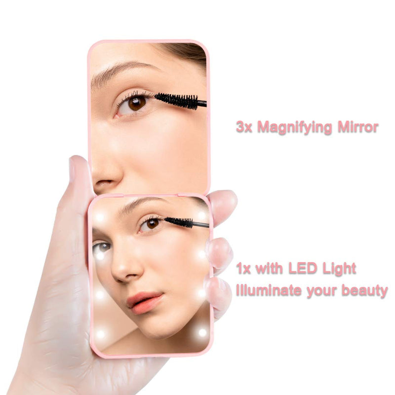 [Australia] - Milishow Compact Mirror with LED Light,1x/3x Magnifying Mirror, Lighted Travel Mirror for Purse,Handbag,Pocket,Handheld 2-Sided Makeup Mirror (Pink) Pink 