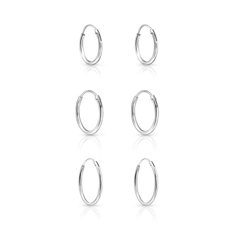 [Australia] - DTPsilver® Set of 3 PAIRS of SMALL/MEDIUM 925 Sterling Silver, Yellow Gold or Rose Gold Plated Endless Hoops/Sleepers Earrings - Thickness 1.5 mm - Mixed Sizes - Outer Diameter: 12, 14, 16, 18, 20 mm 3 Pairs 14/16/18 Mm Silver 