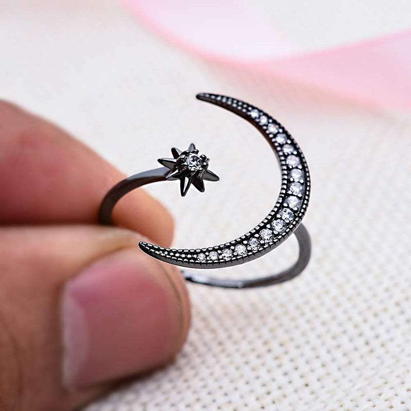 [Australia] - Angol Sterling Silver Crescent Moon Star Rings for Women Girls Adjustable Moon Ring 5A Cubic Zirconia Minimalist Ring Valentines Day Gift for Her with Box Black-white cz 6 