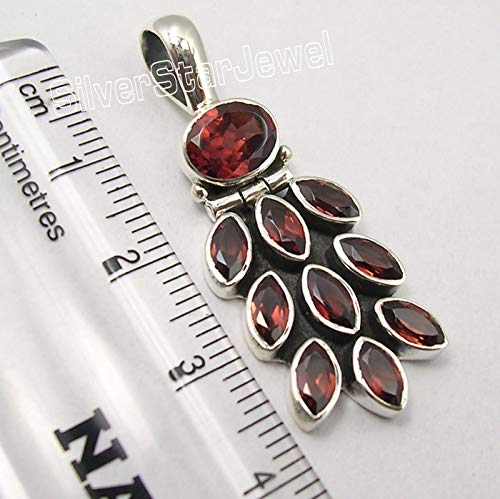 [Australia] - SilverStarJewel Garnet 10 Stone Necklace Pendant 1.5" 4.7 Grams Solid Sterling Silver 