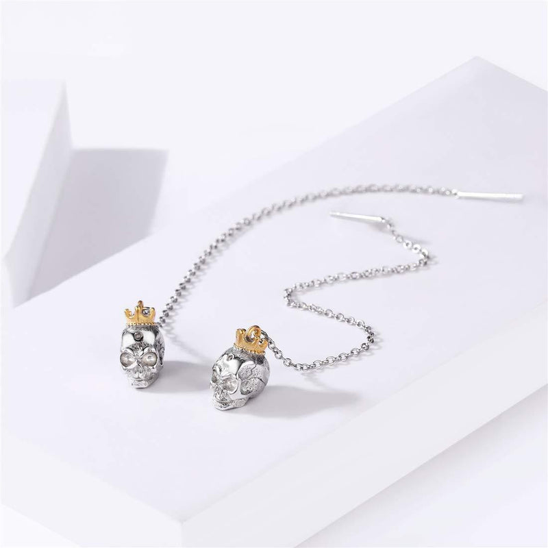 [Australia] - 925 Sterling Silver Chain Drop Earrings for Women fit Sensitive Ears Fashion Chic Jewelry(Gift Wrapped) F Type-Crown Skull 