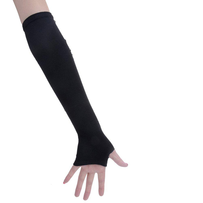 [Australia] - JISEN Punk Studded Ripped Torn Knitted Soft Arm Warmer Fingerless Gloves Black 