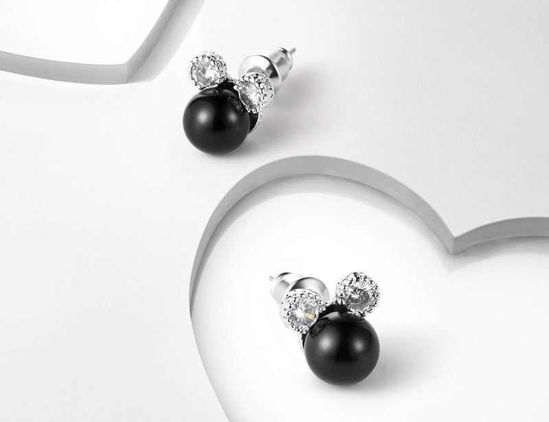 [Australia] - Pearl Stud Earrings for Women,Hypoallergenic 7mm CZ Cute Mouse Stainless Steel Earrings (10 colors) (Dpurple) (black) black 