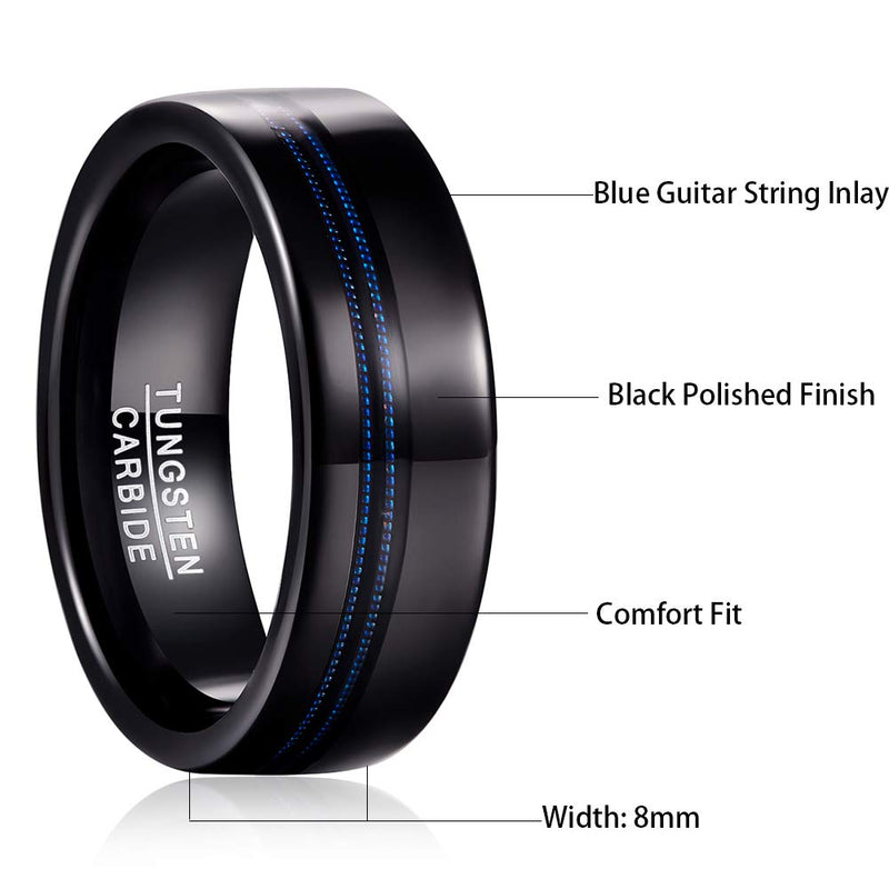 [Australia] - MEILING LINGMEI 8mm Wedding Engagement Rings Inlay Blue Guitar Strings Black Tungsten Rings for Men Women Comfort Fit Size 7-12 