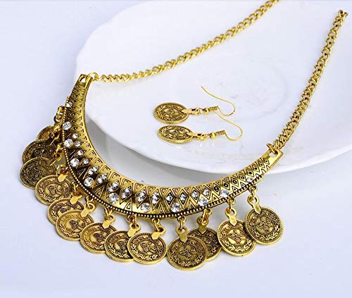 [Australia] - MIXIA Dancing Gypsy Jewelry Ethnic Coin Bib Necklace Drop Earring 2 Pcs Jewelry Set Women Exotic Bohemian Accessories Antique gold 