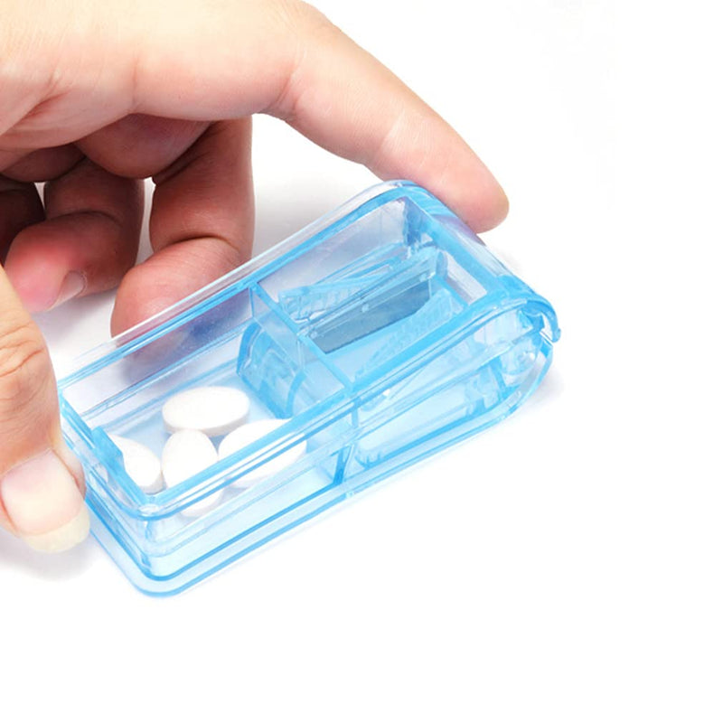 [Australia] - Pill Cutter, Portable Tablet Cutter with Blade and Storage Compartment 2-in-1 Pill Splitter Pill Case Half Quarter for Small or Large Pills Transparent Blue 