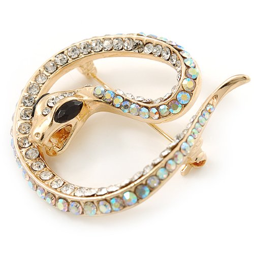 [Australia] - Gold Tone AB, Clear Crystal Coiled Snake Brooch - 40mm Width 