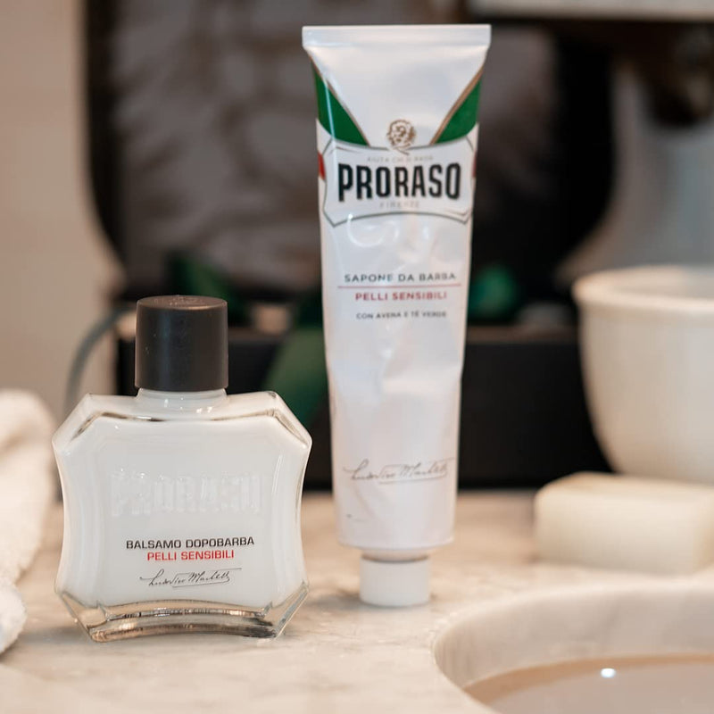 [Australia] - Proraso Aftershave Balm For Sensitive Skin, 100ml, Alcohol-Free Post Shave Balm with Oat and Green Tea Soothes and Protects Skin, Made in Italy, White 