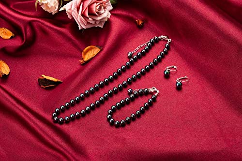 [Australia] - Rakumi Sterling Silver 8mm Black Seashell Pearl Necklace Bracelet and Earrings Set 