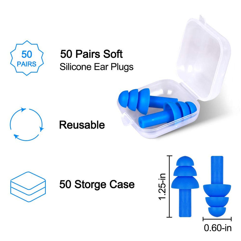 [Australia] - 50 Pairs Ear Plugs for Sleeping Noise Cancelling, Reusable Silicone Sound Blocking Earplugs, Waterproof Noise Reduction Ear Plugs for Shooting, Swimming, Concerts, Snoring 