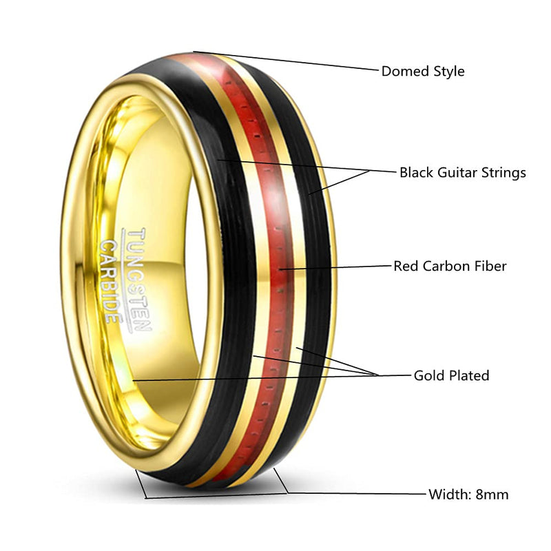 [Australia] - Corato Gold Tungsten Carbide Rings for Men Women 8mm Black Guitar String and Red Carbon Fiber Inlay Polished Dome Wedding Band Comfort Fit Size 7-12 