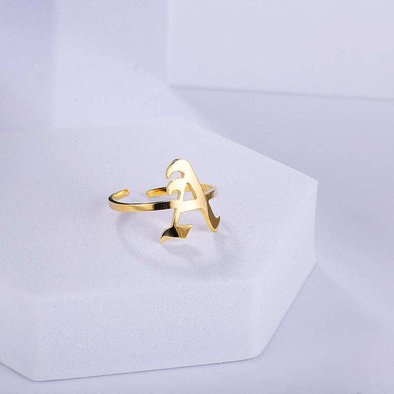 [Australia] - ZRAY Letter Rings for Women Personalized Rings Initial Rings 18K Gold Plated Adjustable Old English Name Rings A-Z Bridesmaid Gift for Girls Gold-A 