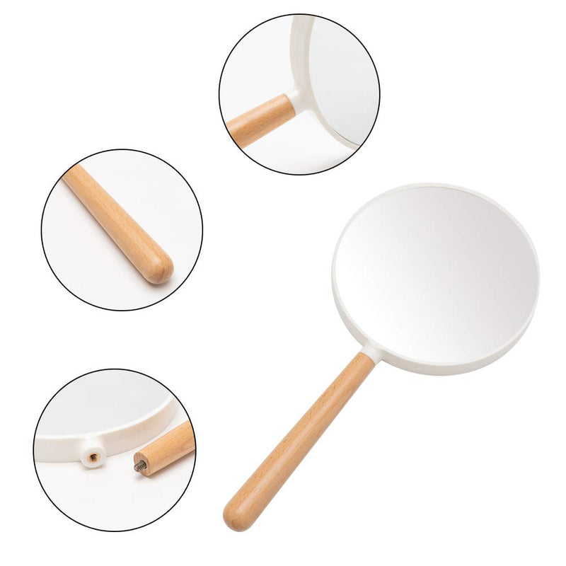 [Australia] - YEAKE Hand Held Mirror with Handle for Makeup, Small Cute Wood Hand Mirror for Shaving with 3X Magnifying Double-Side Portable Travel Vanity Mirror for Men&Women (Detachable White Round) Medium (2-Sided (1x and 3x ) Circle White) White + Wood 