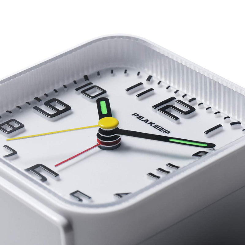 [Australia] - PEAKEEP 3D Numbers No Tick-Tock Analog Alarm Clock with Classic Beep Sound, Snooze, Manual Light and Battery Powered Small for Travel (White-3D) White-3d 