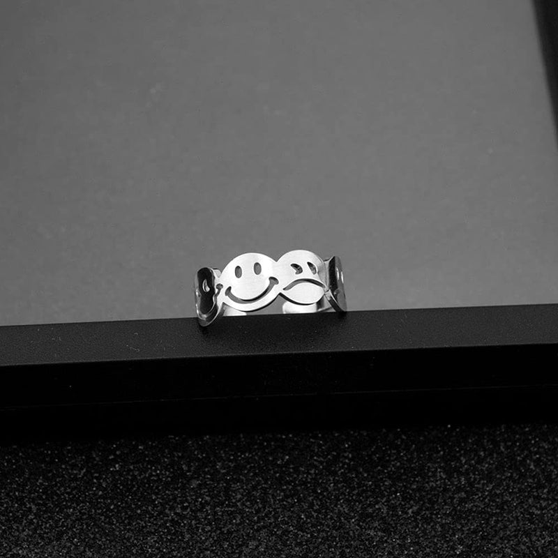 [Australia] - Smile Face Emoticons Stainless Steel Eternity Open Rings for Women Men Boys Girls Chic Adjustable Wide Flat Finger Knuckle Rings Fashion Hip Hop Expandable Band Rings for Boyfriend Girlfriend Son Daughter Bff 