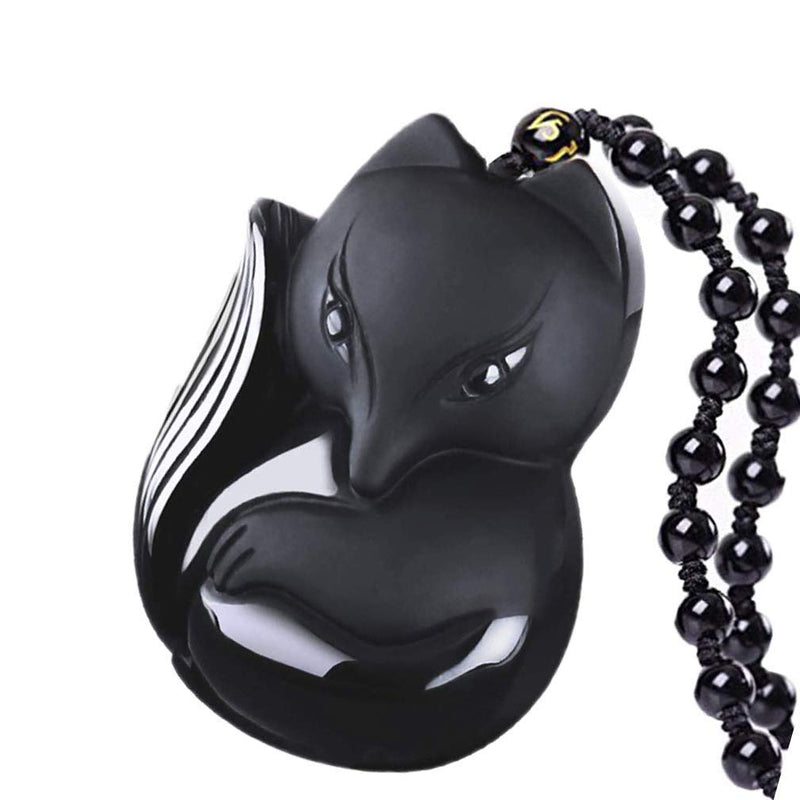 [Australia] - Pure Natural Obsidian Pendant Necklace Obsidian Crystal Pendant Necklace Pattern with Extend Bead Chain for Men or Women fox 