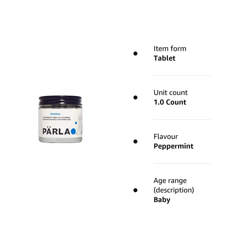 [Australia] - PÄRLA Original Toothpaste Tablets with Fluoride | 62 Tabs, 1 Month Supply | Eco-Friendly Bites in Sustainable Packaging | Peppermint Flavour | Natural Whitening, Gluten Free & Vegan | Refillable Jar 62 Count (Pack of 1) 