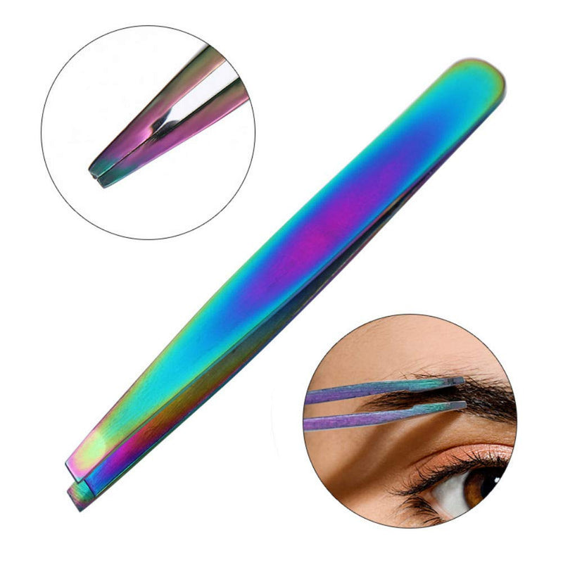 [Australia] - AKOAK 2 Pieces Rainbow Stainless Steel Slant Tip Eyebrow Tweezer and Eyebrow Scissor Facial Hair Removal Makeup Tool 