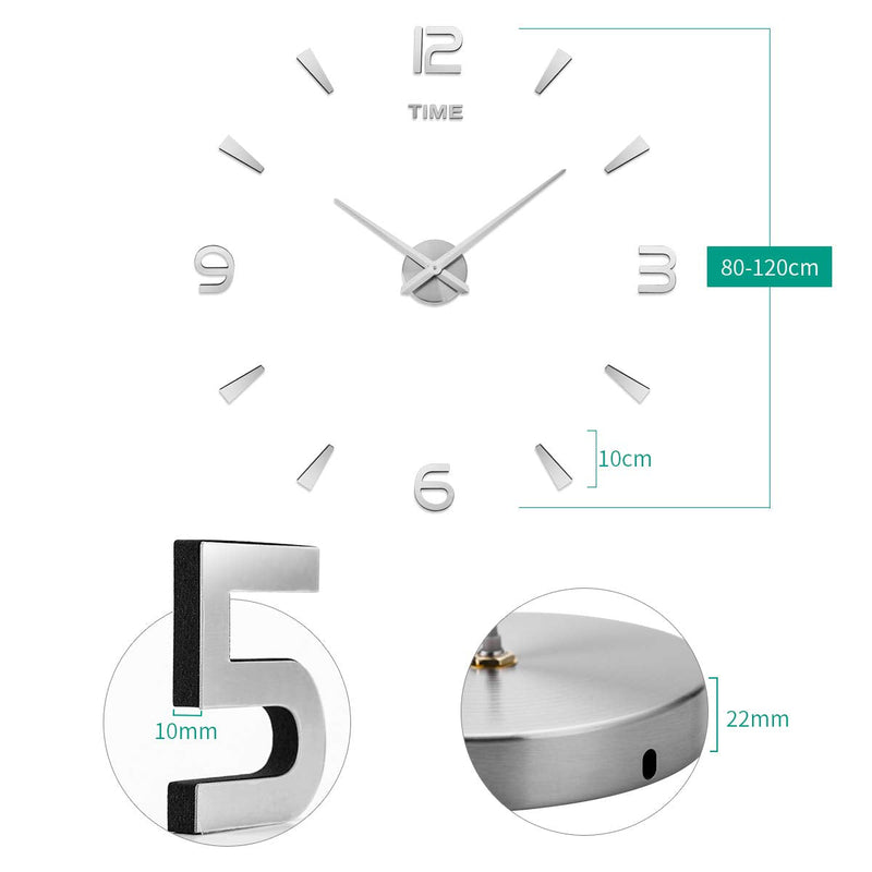 [Australia] - Aililife 3D DIY Wall Clock Decor Sticker Mirror Frameless Large DIY Wall Clock Kit for Home Living Room Bedroom Office Decoration (Sliver) Sliver 
