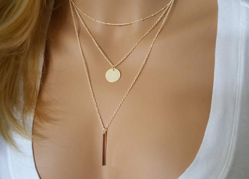 [Australia] - Layered Choker Necklace,18K Gold Plated Stainless Steel Cubic Zirconia Triangle Geometric Pendant Necklace Coin Disc Bar Pendant Beaded Chain Layer Necklace for Women Girls Coin Pendant 