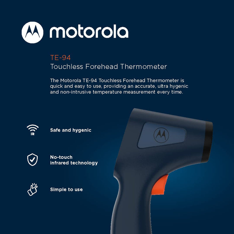 [Australia] - Motorola TE-94 Infrared Touchless Forehead Thermometer for Adults and Kids - Backlit Display, Memory Function, High Temp Alert - Dark Blue 