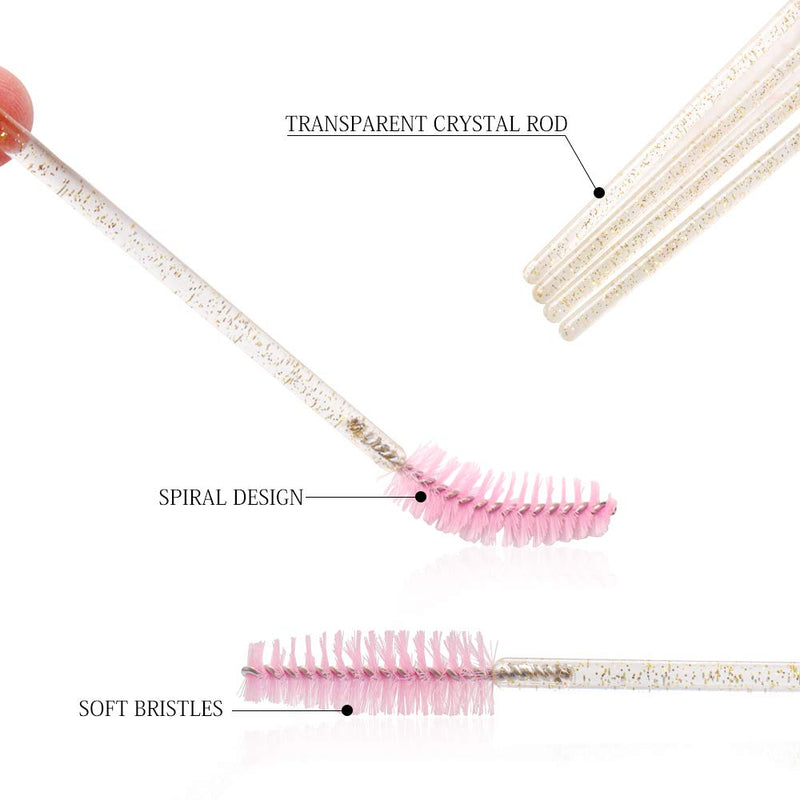 [Australia] - 300 Pack Mascara Wands Disposable Eye Lash Brushes Makeup Applicator Eyelash Extension Tool Kit, Crystal Gold Handle Pink Brush Head 