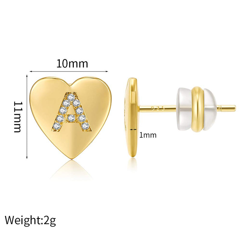 [Australia] - KissYan Heart Initial Stud Earrings, 14k Gold Plated 925 Sterling Silver Post Hypoallergenic CZ Alphabet Letter Earrings Fashion Jewelry Gift for Women Girls A-Gold 