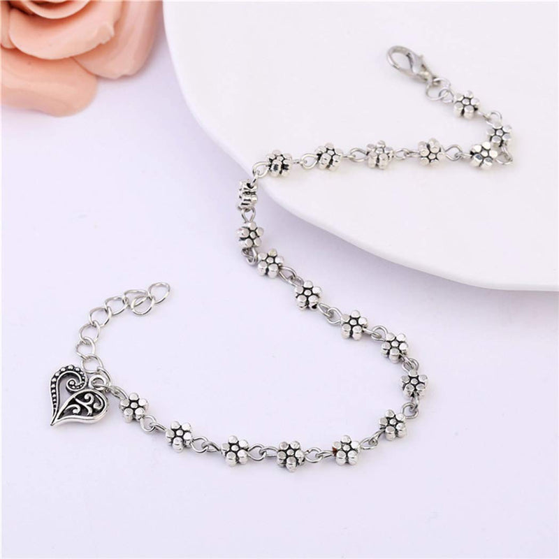 [Australia] - Sakytal Vintage Flower Anklet Hollowed- Out Heart Pendant Anklets Beach Foot Bracelet Jewelry for Women and Girls 