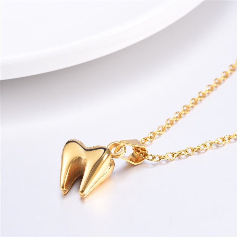 [Australia] - U7 Dental Necklace Mini Cute Teeth Pendant Rolo Chain Stainless Steel / 18K Gold Plated Tooth Necklaces 