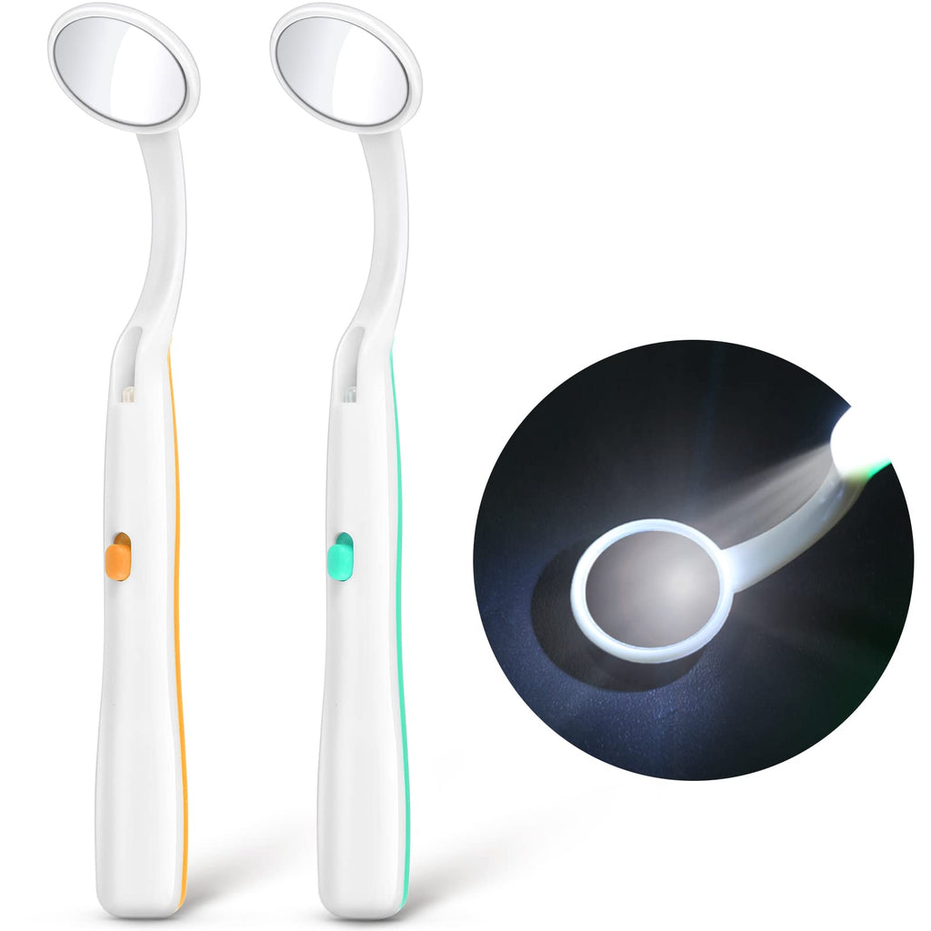 [Australia] - Dental Mirror with Light 2 Pcs Dental Teeth Mirror Mouth Tooth Mirror Dental Inspection Mirror with LED Light for Oral Dental Care Oral with Battery Included, Green and Orange 
