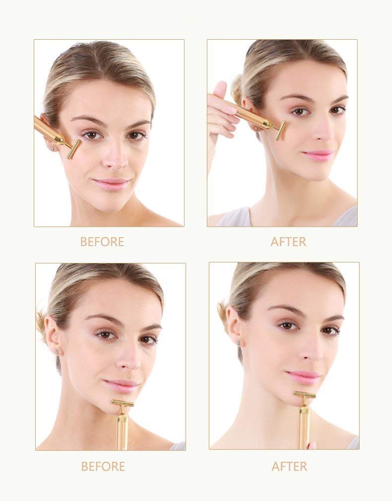 [Australia] - Beauty Bar 24k Golden Pulse Facial Massager, T-Shape Electric Sign Face Massage Tools for Sensitive Skin Face Pull Tight Firming Lift 