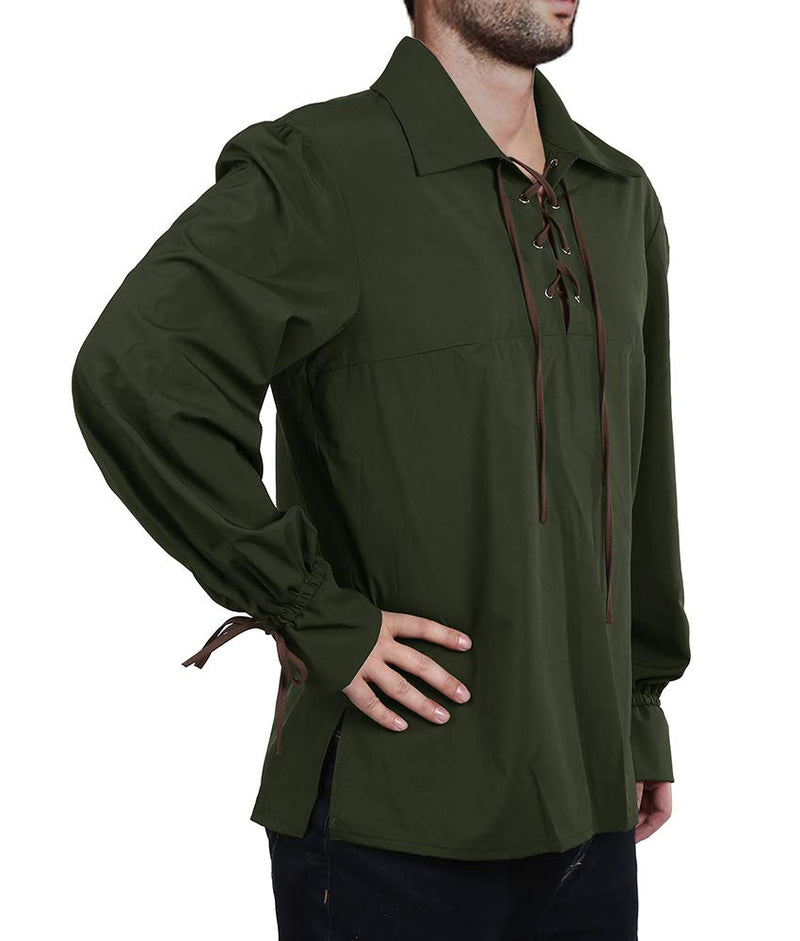 [Australia] - Karlywindow Men's Medieval Pirate Lace Up Stand Collar Wide Cuff Costume Shirt Tops Small Army Green 