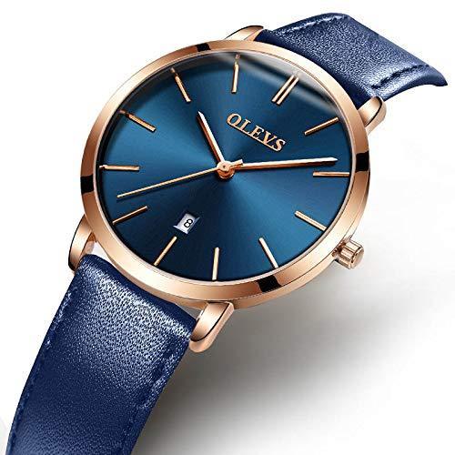 [Australia] - OLEVS Women Wrist Watches Ultra Thin 6.5mm Minimalist Business Dress Waterproof & Date & Leather Strap Slim Watches for Women Blue Leather&blue Dial 
