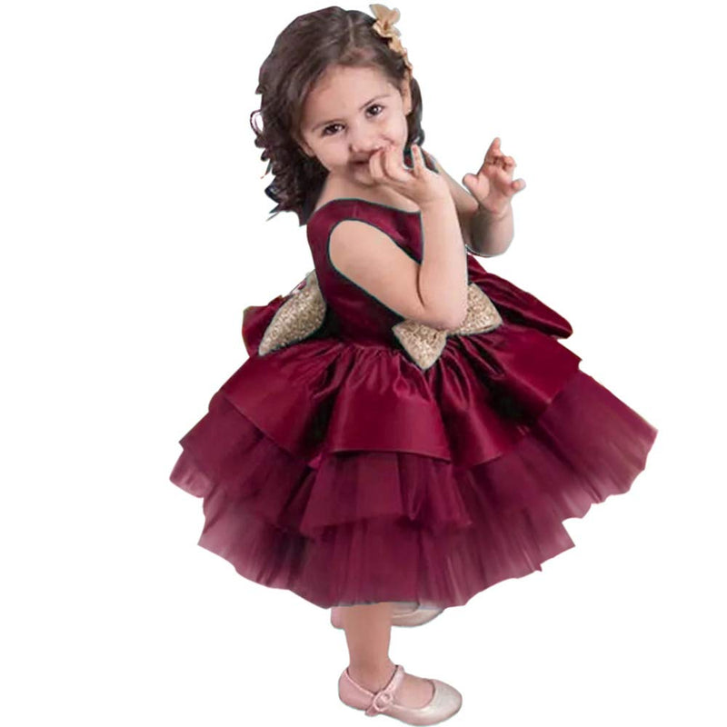 [Australia] - NSSMWTTC 6M-6T Baby Backless Pageant Dress Toddler Girls Tutu Gown Flower Dresses with Headwear Burgundy 6-12 Months 