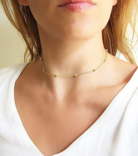 [Australia] - Gold Dainty Heart/Pearl/Cross Choker Necklace,14K Gold Plated Tiny Delicate Bead Link Wave Chain Minimalist Choker Necklace for Women bead GD 