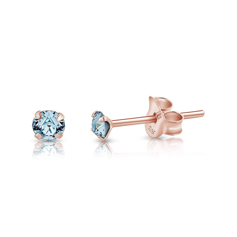 [Australia] - DTPSilver - 925 Sterling Silver Rose Gold plated * TINY * Round Stud Earrings made with Glittering Crystals from Swarovski® Elements - Diameter: 3 mm - Many Colours to choose from Blue Aquamarine 