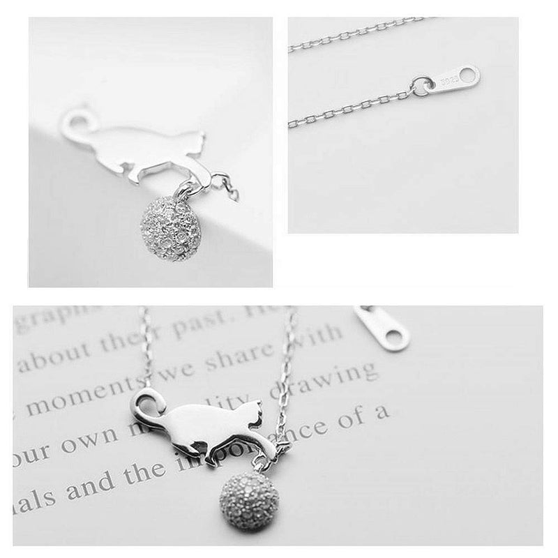 [Australia] - Cute Cat Necklace Crystal Ball Pendant Choker Necklace for Women Teens Baby Girls S925 Sterling Silver Small Polished CZ Diamond Cluster Charm Chain 18" Hypoallergenic Lovely Jewelry 