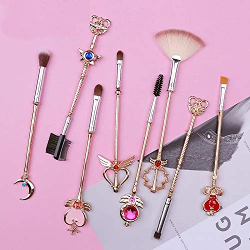 [Australia] - 8pcs Sailor Moon Gold Makeup Brush Set With Pink Pouch,Magical Girl Cute Cosmetic Makeup Brushes For Eyebrow Face Powder Foundation Blending Blush Concealer With Cute Pink Bag 