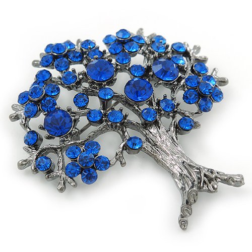 [Australia] - Sapphire Blue Coloured Crystal 'Tree Of Life' Brooch In Gun Metal Finish - 52mm Length 