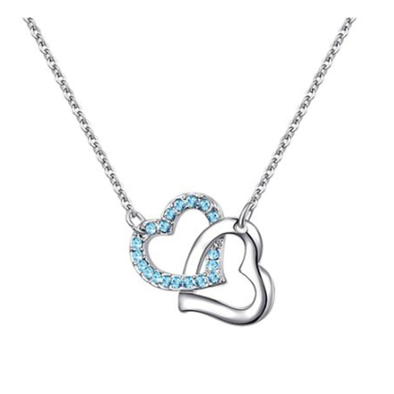 [Australia] - MAFMO Fashion Rhinestone Double Heart Jewelry Set 4pcs Necklace Bracelet Ring Earrings Sea Blue 