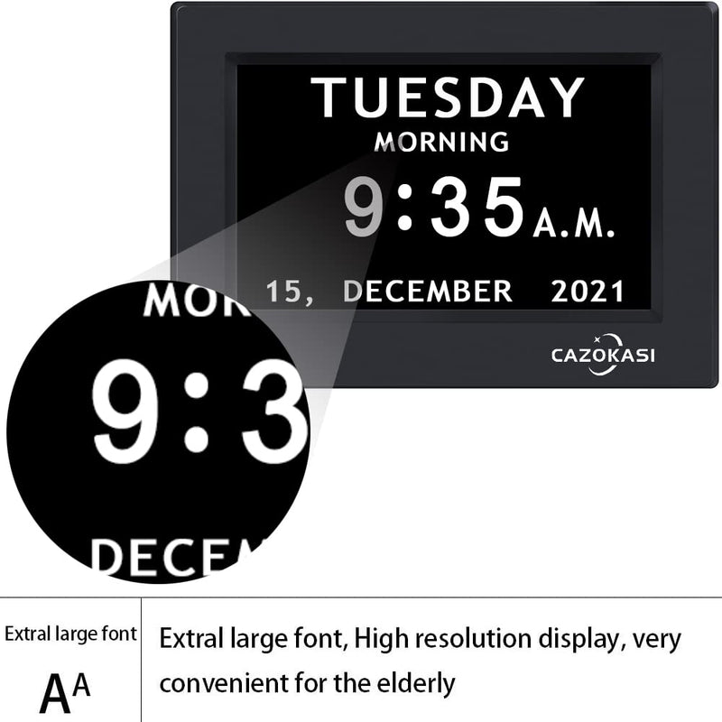 [Australia] - Extra Large Impaired Vision Digital Calendar Day Clock Photo Frame- Auto Dimmable Display 12 Alarm Options, Day Clock with Non-Abbreviated Day & Month Alarm Clock (7 inch Black) 7 Inch Black 
