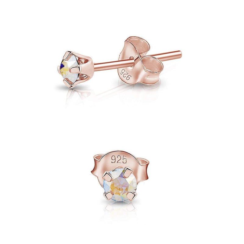 [Australia] - DTPSilver - 925 Sterling Silver Rose Gold plated * TINY * Round Stud Earrings made with Glittering Crystals from Swarovski® Elements - Diameter: 3 mm - Many Colours to choose from Aurore Borealis 